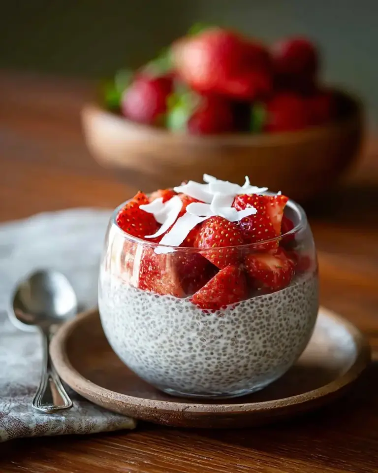 Bowl of creamy Coconut Chia Pudding topped with fresh fruit and nuts