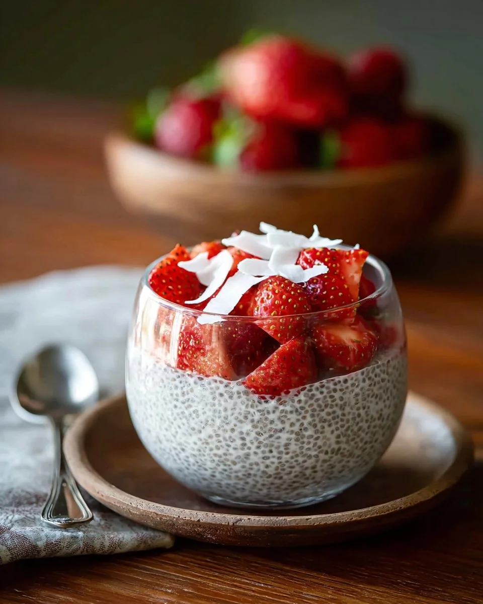 Bowl of creamy Coconut Chia Pudding topped with fresh fruit and nuts