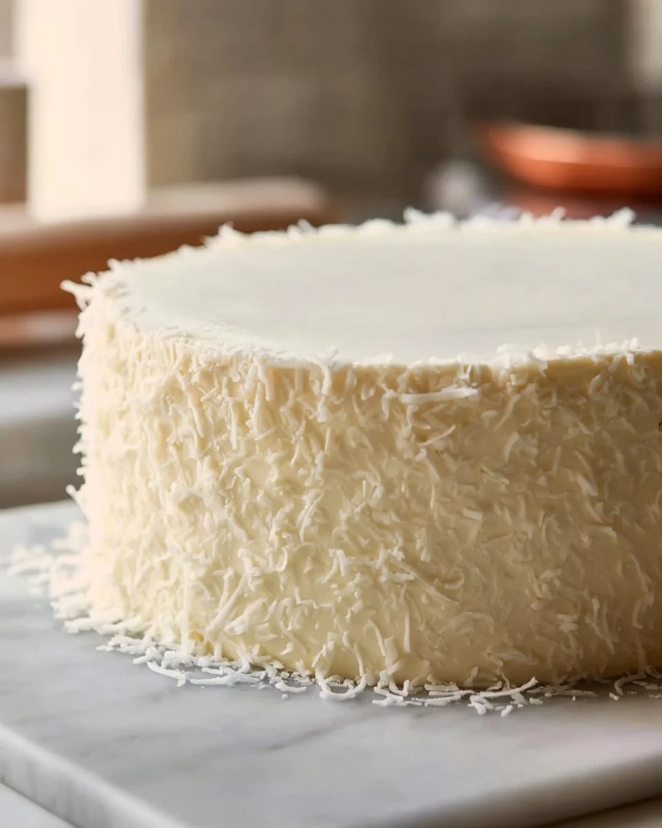Delicious Coconut White Chocolate Cake topped with coconut flakes and white chocolate ganache.