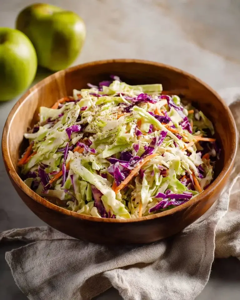 Delicious coleslaw with apple and yogurt dressing served in a bowl.