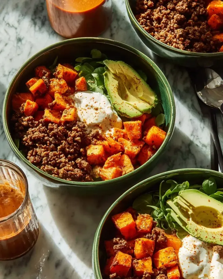 Cottage Cheese Ground Beef Bowls topped with fresh herbs and vegetables