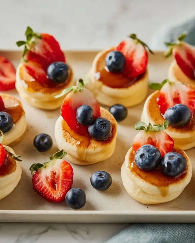 Cottage cheese pancake bites plated with toppings for a delicious breakfast.