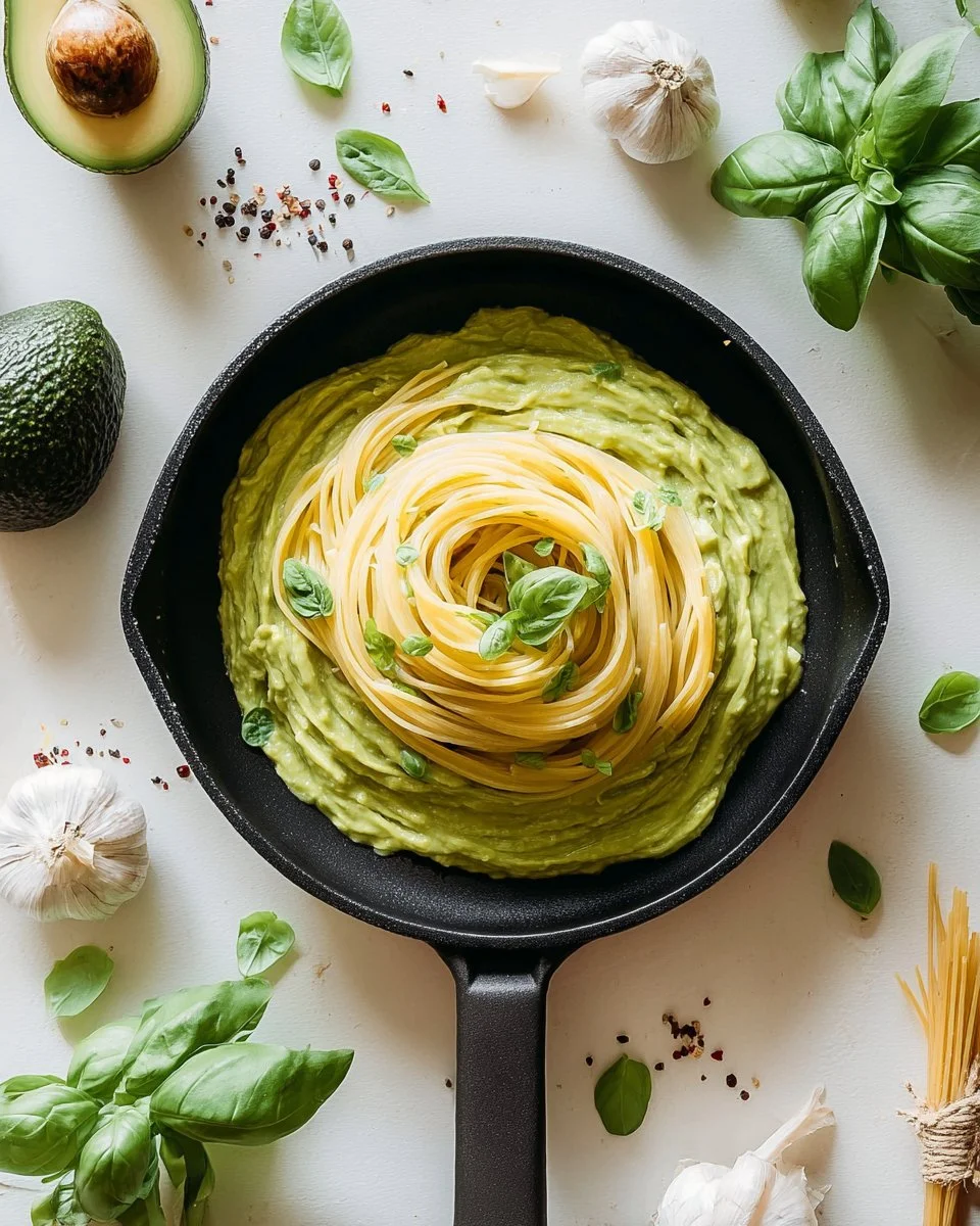 Creamy avocado pasta dish garnished with herbs and served in a bowl