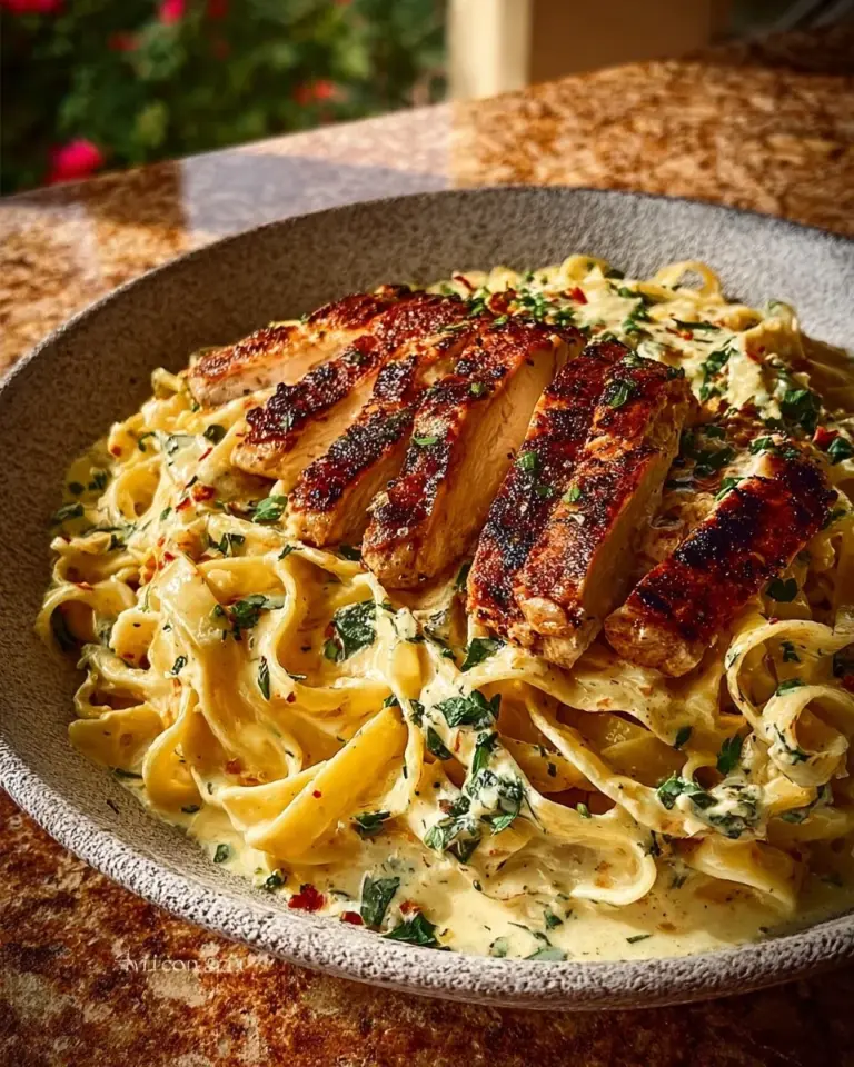 Creamy Cajun Chicken Fettuccine with garlic mozzarella cheese sauce on a plate