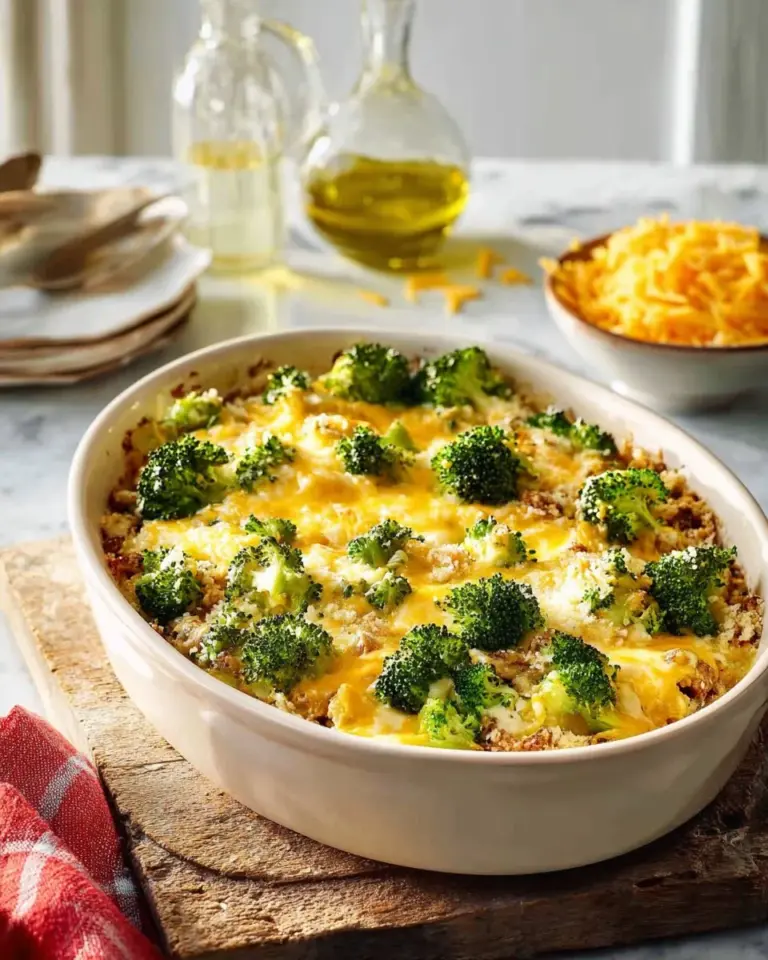 Creamy ground turkey rice casserole in a baking dish, ready to serve.