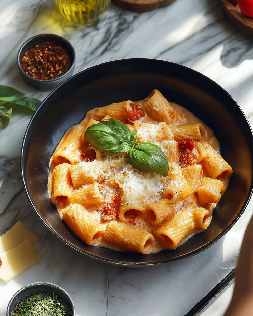 Creamy rigatoni pasta dish served in a bowl with fresh herbs