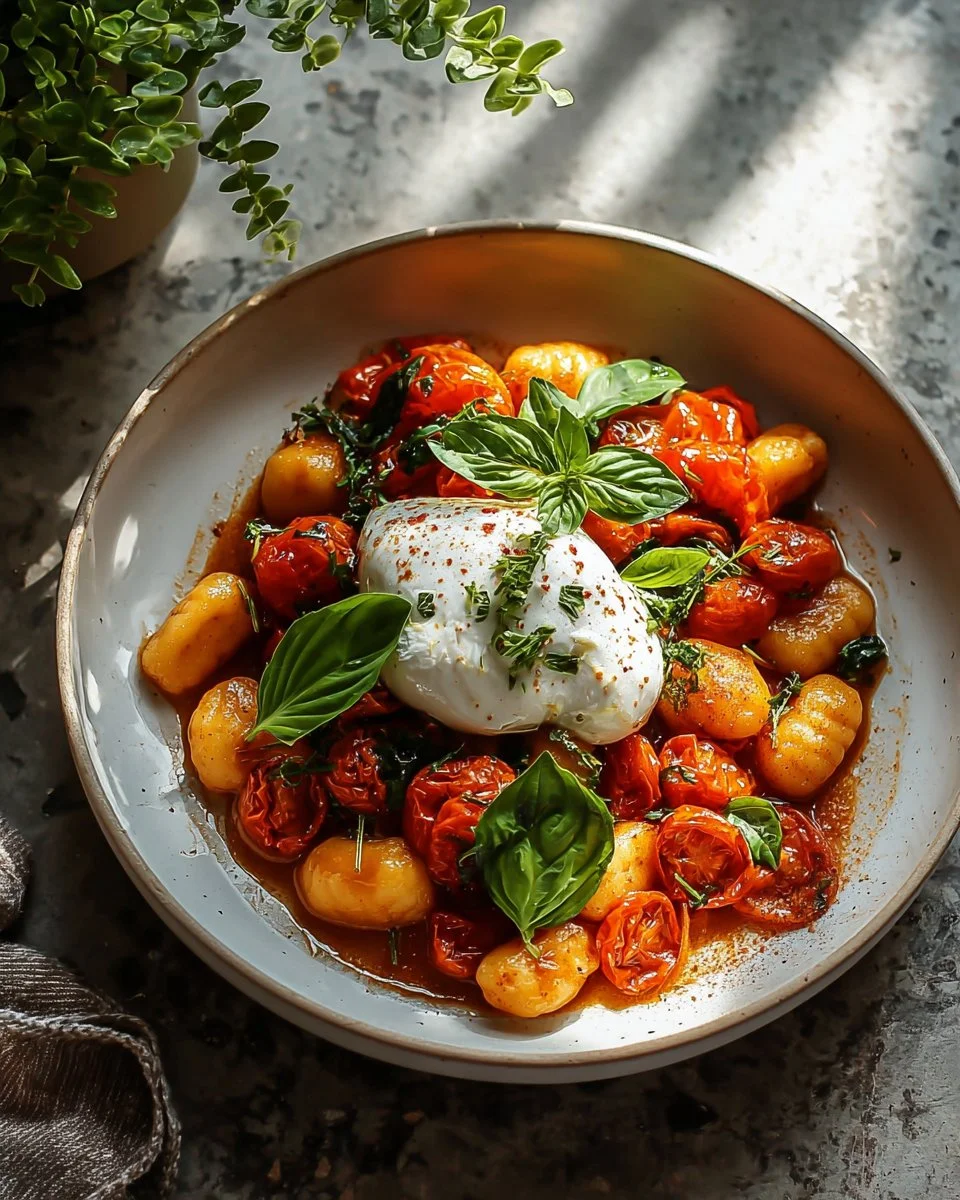 Creamy tomato gnocchi topped with fresh burrata cheese in a bowl.
