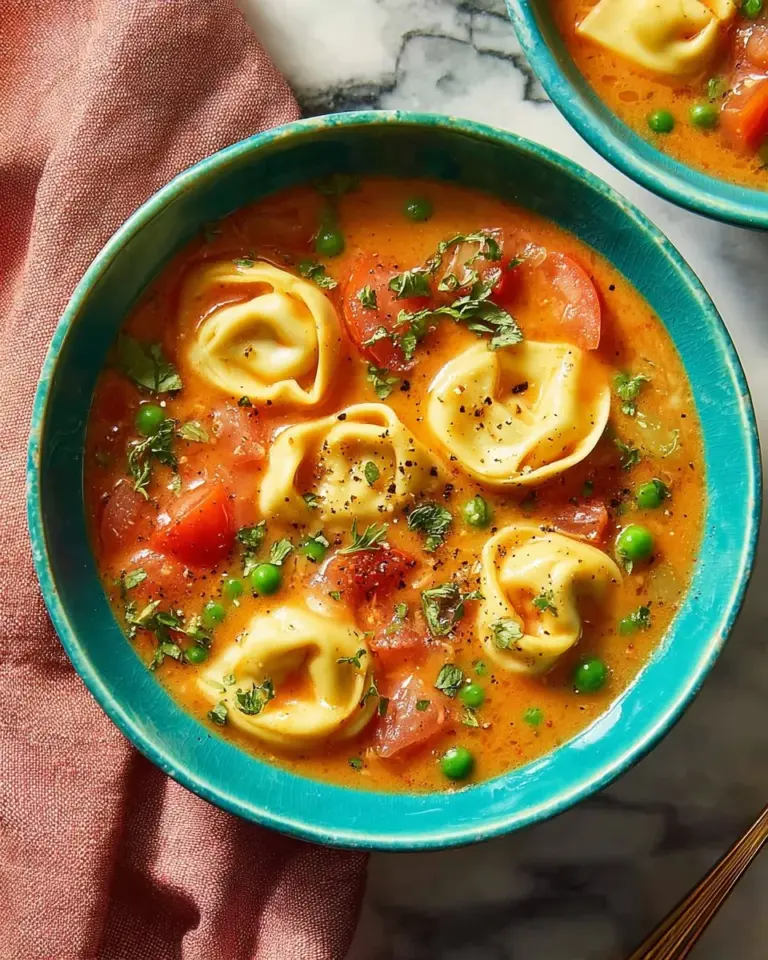 Creamy tortellini soup with ground turkey in a bowl garnished with herbs
