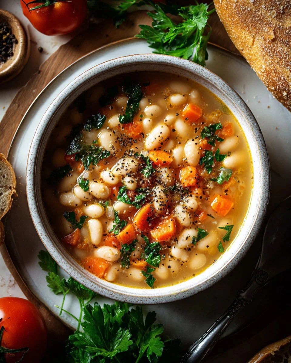 Bowl of creamy Tuscan White Bean Soup garnished with herbs