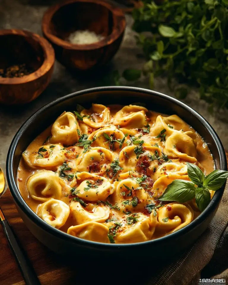 A bowl of crockpot creamy tortellini garnished with herbs