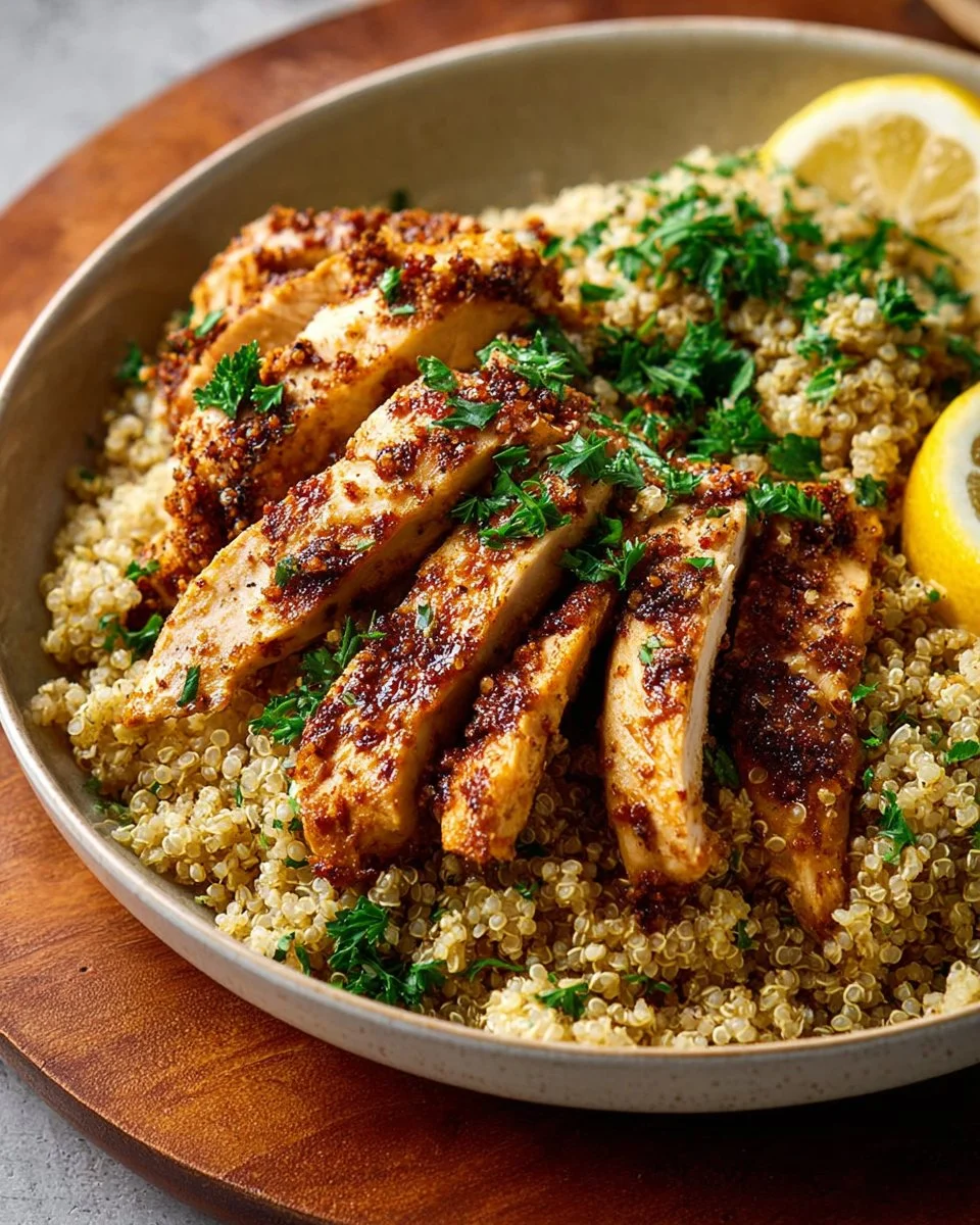 Delicious garlic lemon chicken quinoa dish garnished with fresh herbs