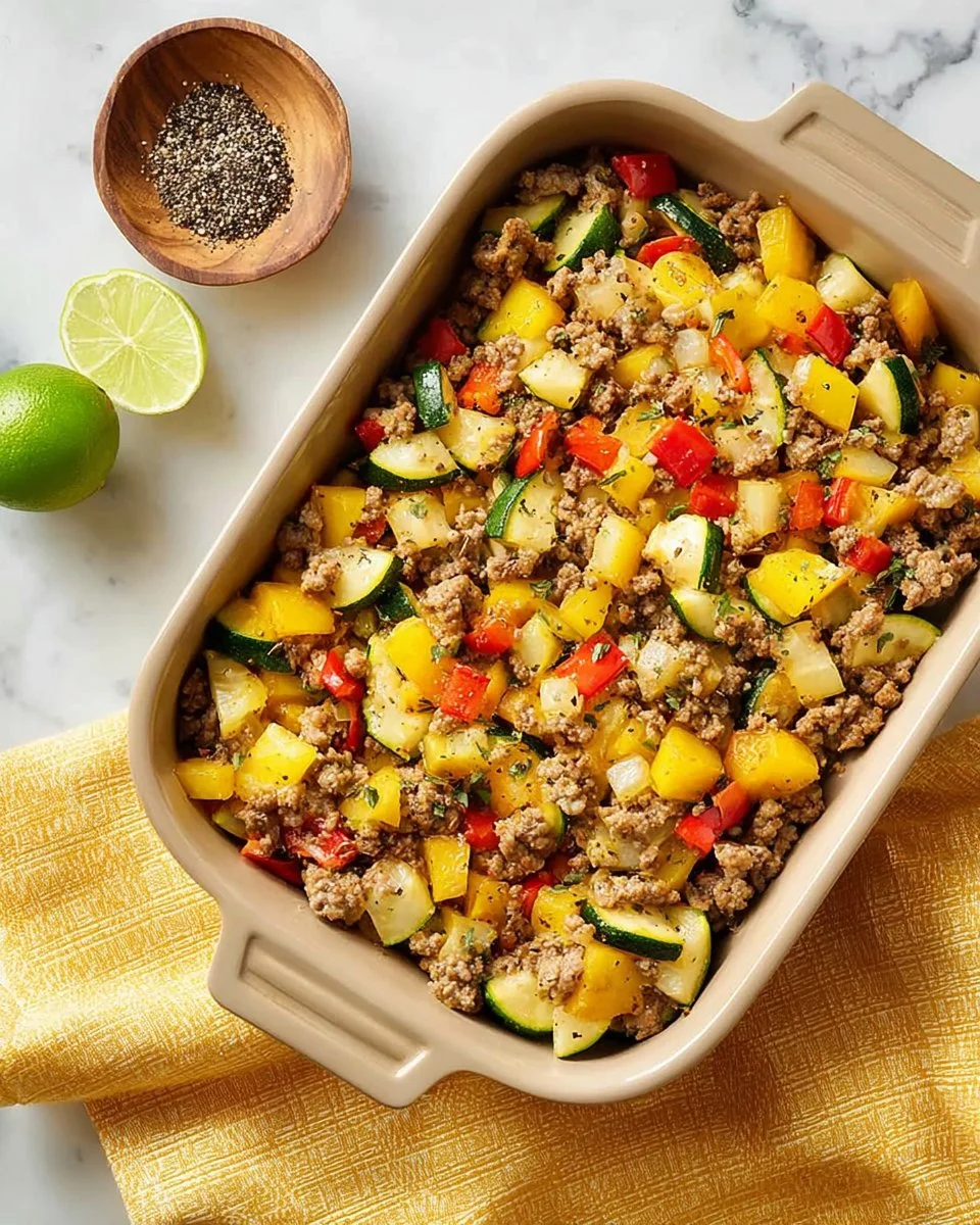 Easy ground turkey hash recipe with vegetables in a skillet