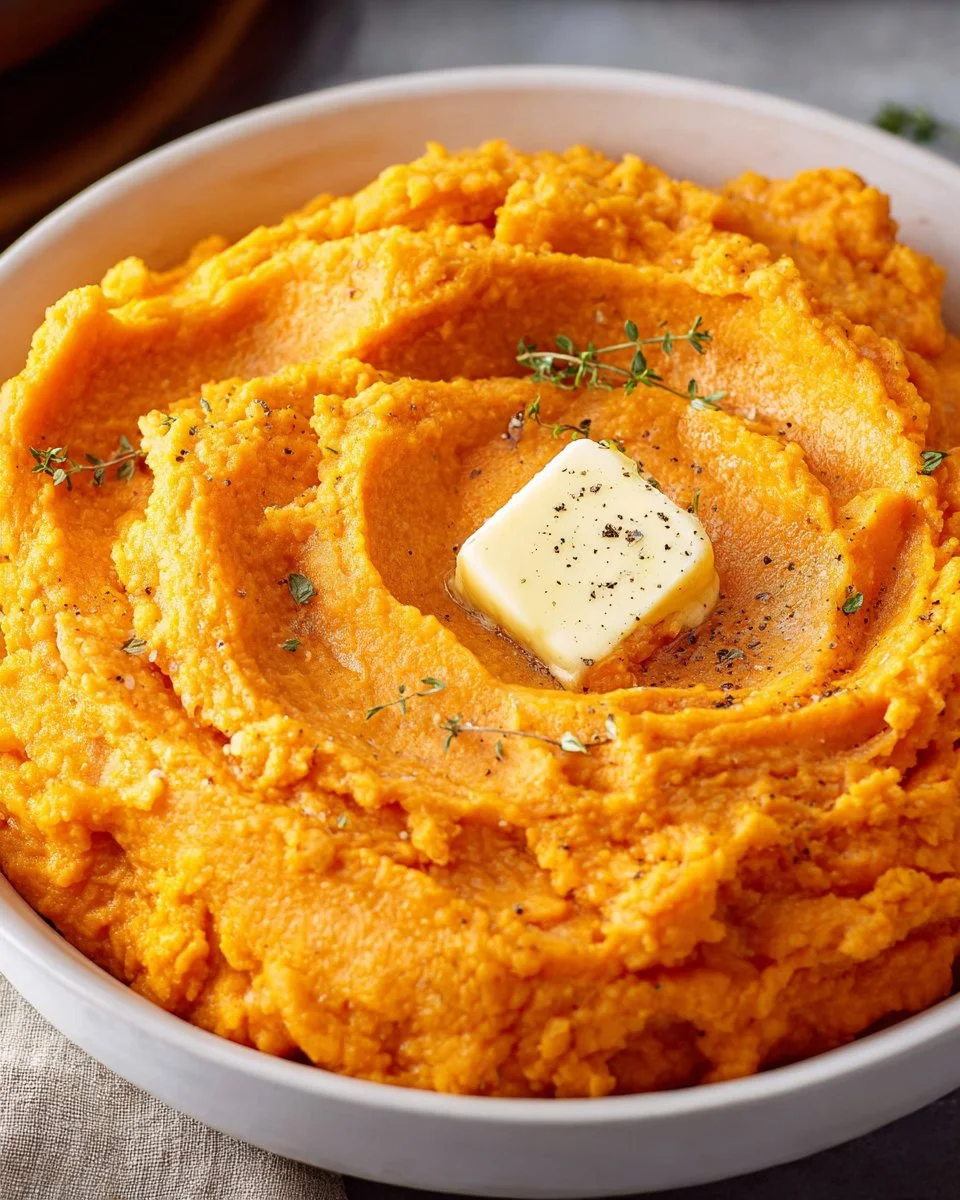 Bowl of creamy easy mashed sweet potatoes topped with herbs