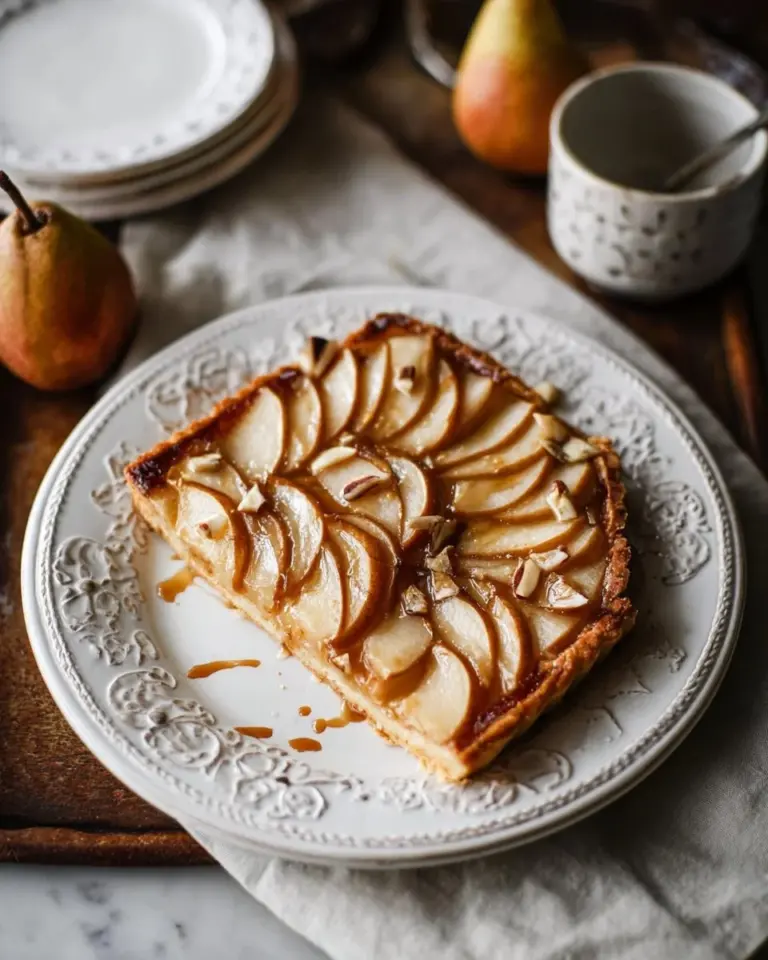 Delicious easy pear tart with cinnamon maple glaze on a wooden table