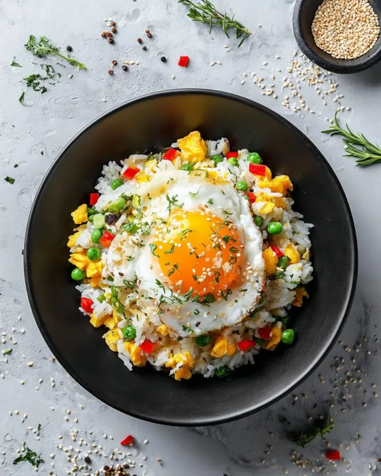 Delicious bowl of homemade egg fried rice with vibrant vegetables and eggs