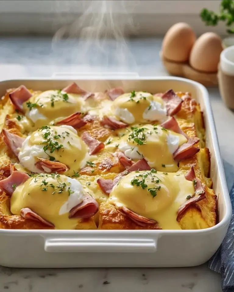 Eggs Benedict Casserole ready to serve with hollandaise sauce and herbs