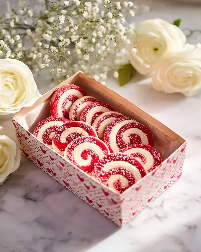 Festive Valentine's Day pinwheel cookies with pink and red swirls