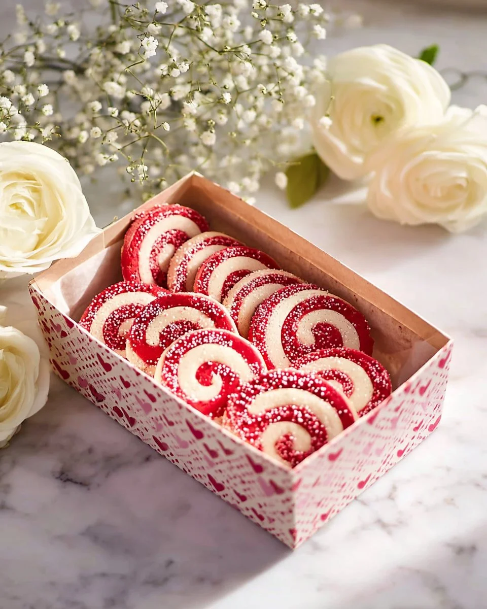 Festive Valentine's Day pinwheel cookies with pink and red swirls