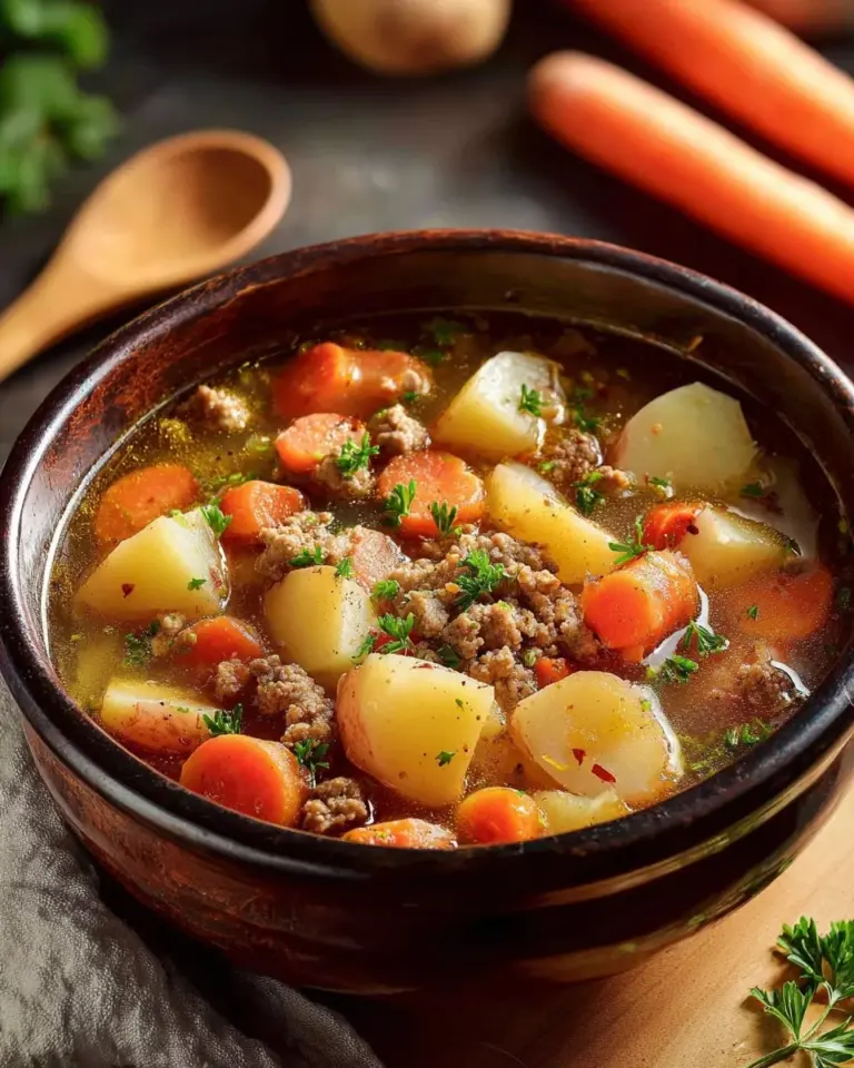 Delicious filling crockpot ground turkey soup served in a bowl