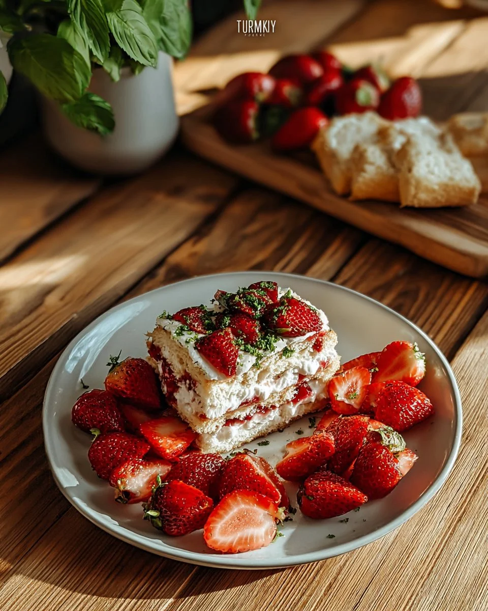 Fluffy Strawberry Shortcake Cheesecake Roll topped with fresh strawberries and cream