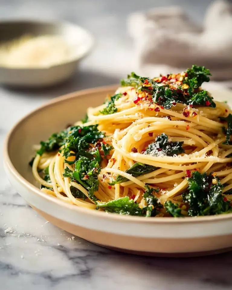 Garlic and Oil Pasta with Kale served in a bowl
