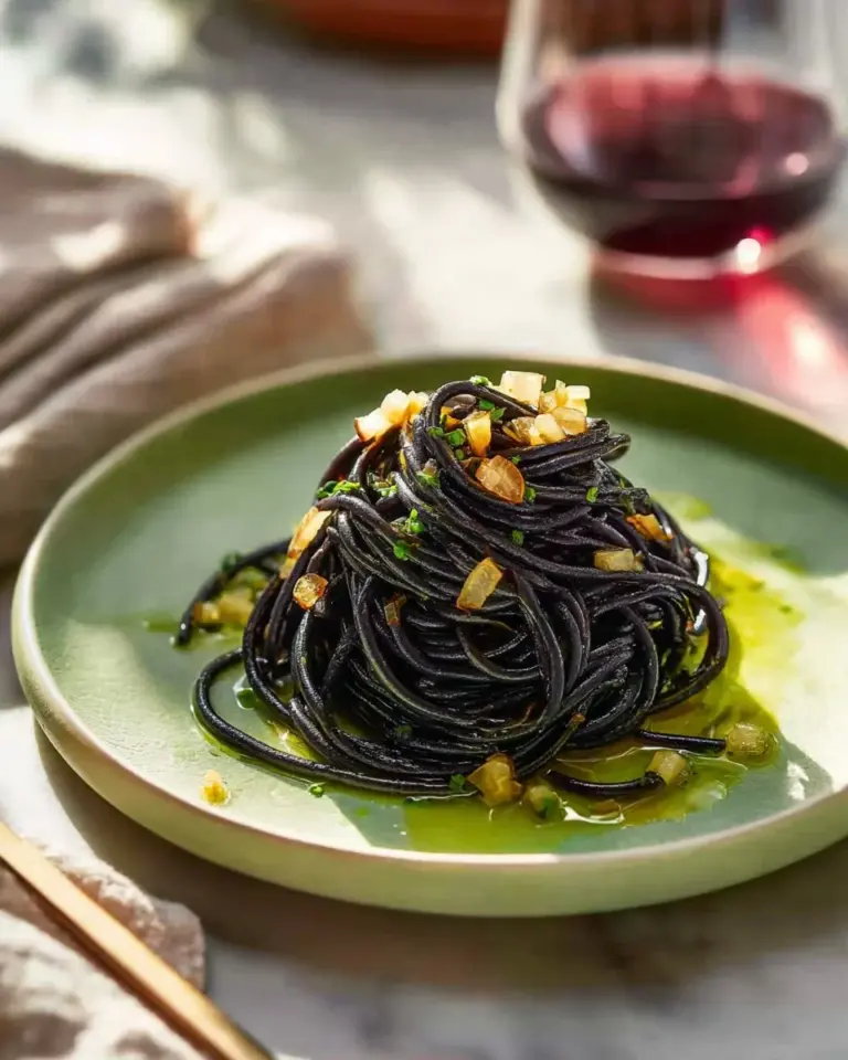 Plate of Garlic Black Pasta Aglio e Olio garnished with fresh herbs