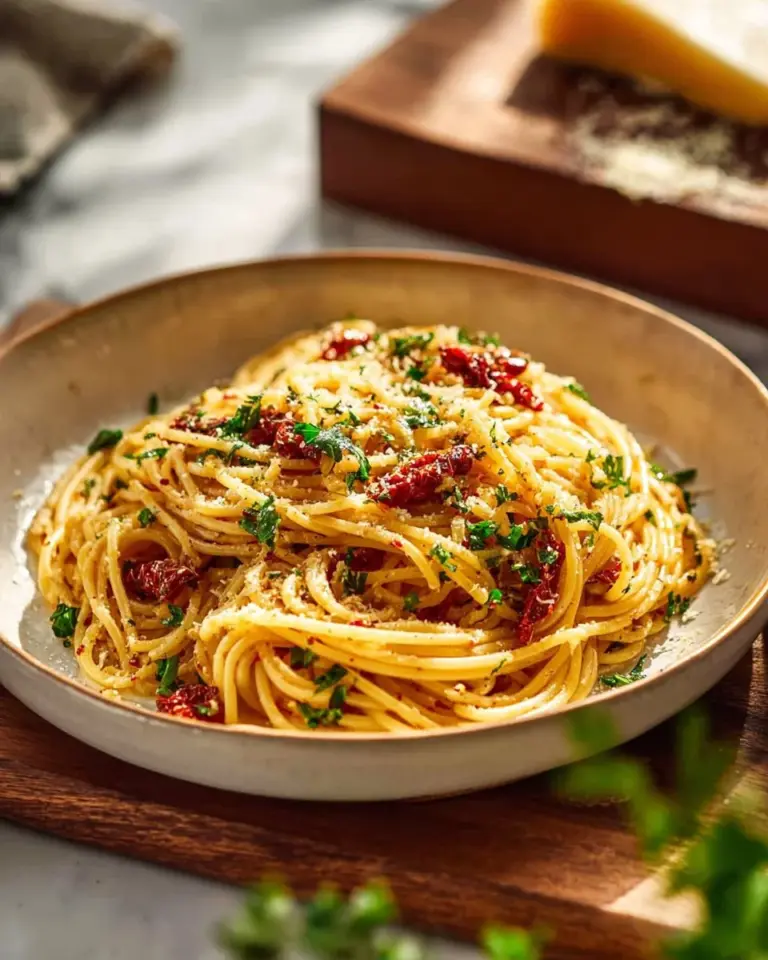 Plate of Garlic Spaghetti topped with sun-dried tomatoes and fresh herbs