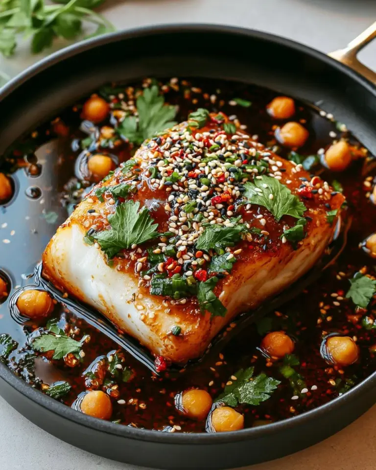 Ginger soy-glazed cod served on a plate with garnishes