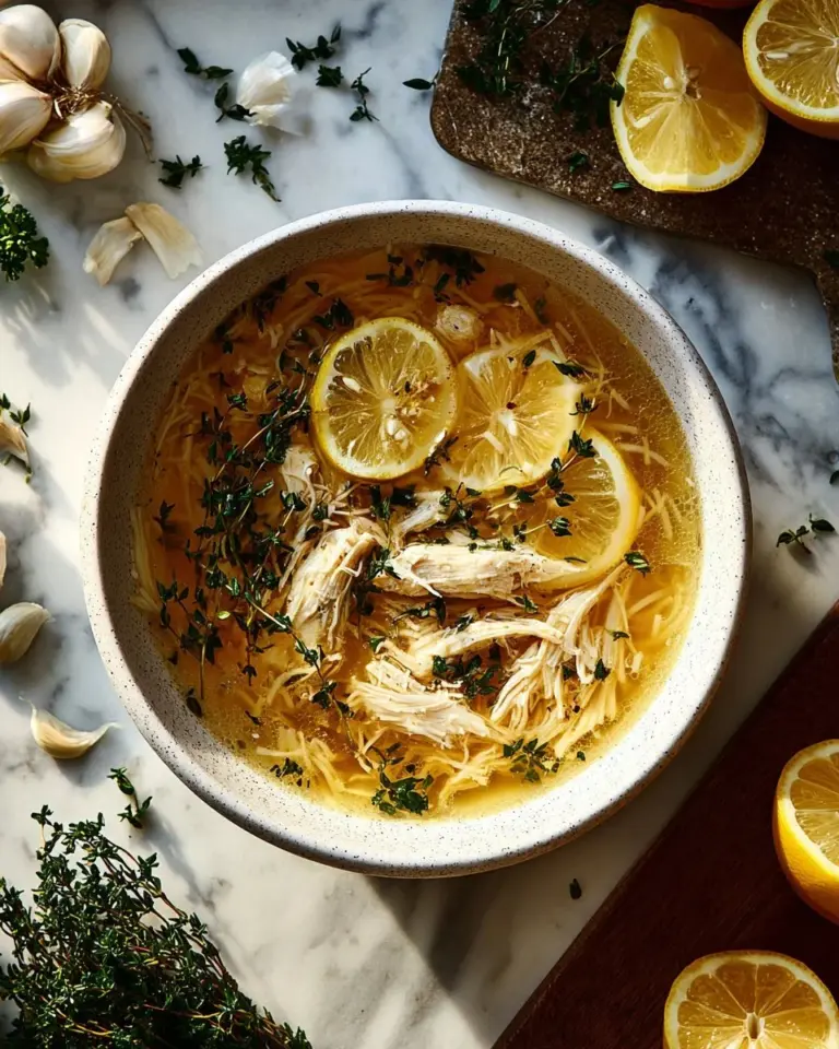 Bowl of Greek lemon chicken soup garnished with fresh herbs.