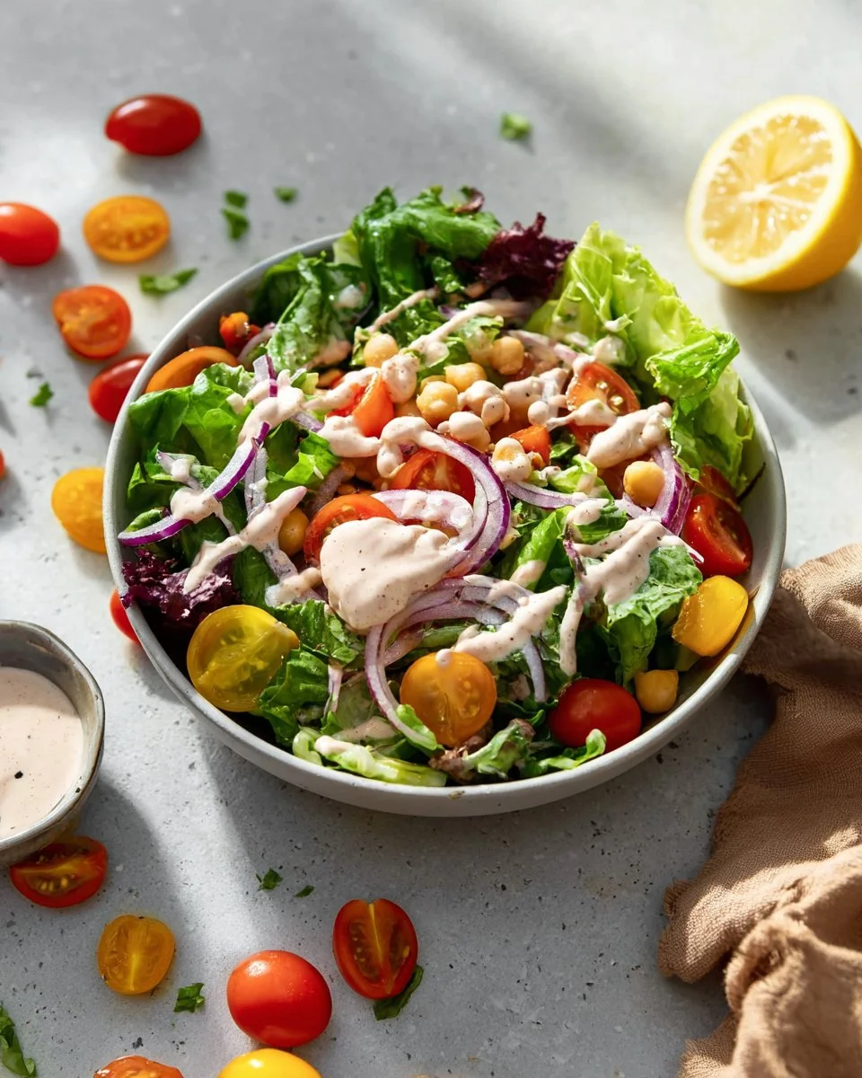 Fresh green salad with lemon tahini dressing served in a bowl.