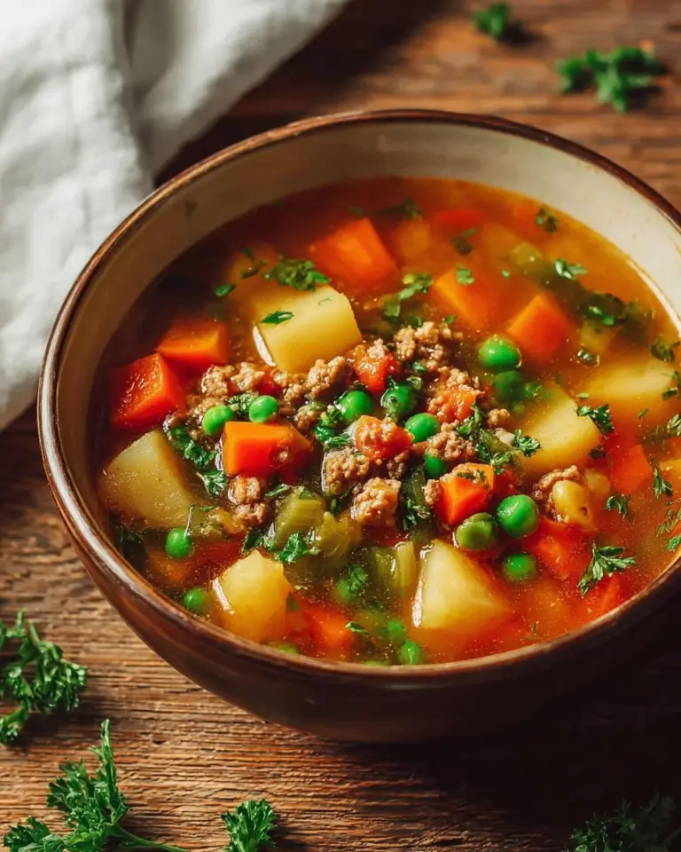 Bowl of healthy ground turkey soup garnished with fresh herbs.