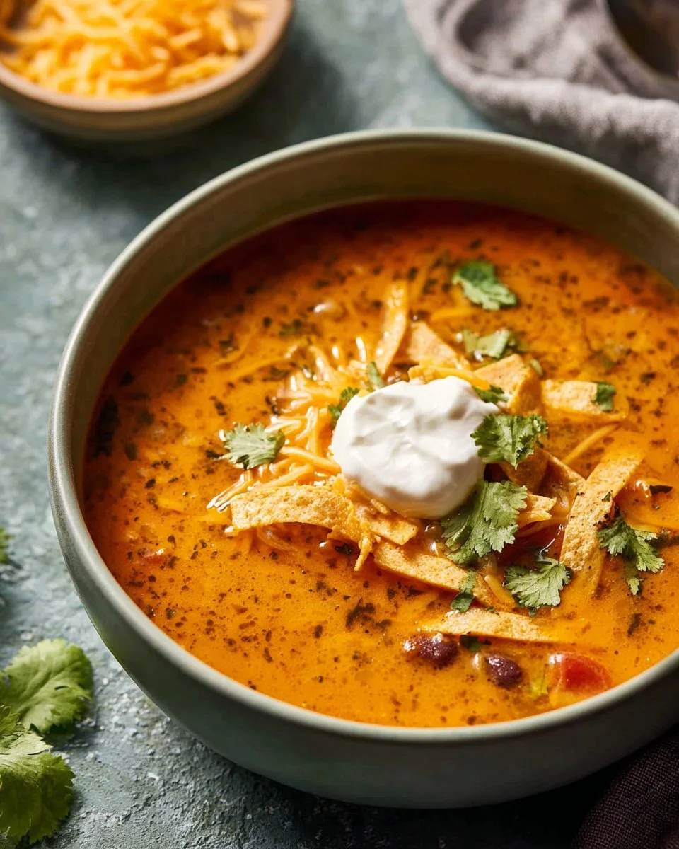 Delicious and hearty creamy ground turkey tortilla soup garnished with tortilla strips