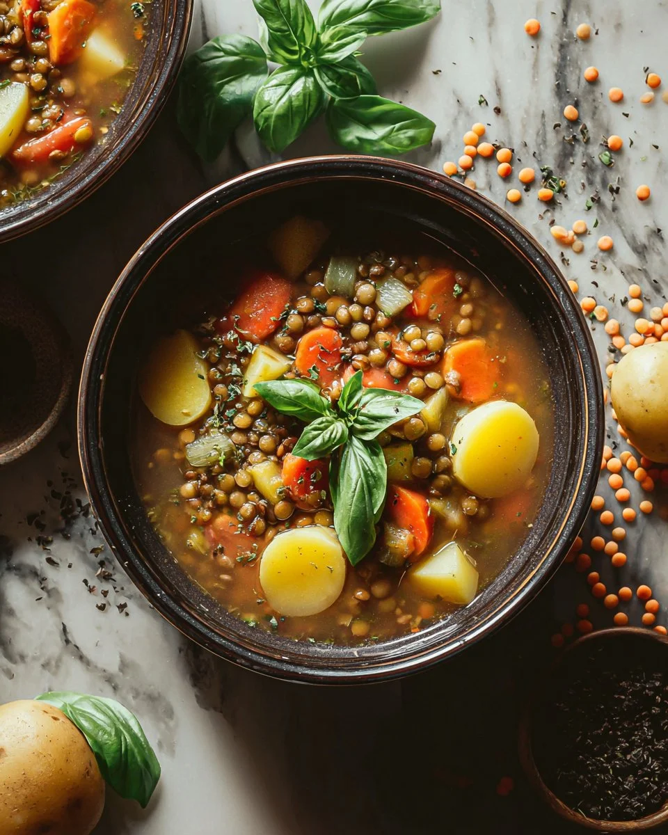 Bowl of hearty lentil and potato soup with fresh herbs