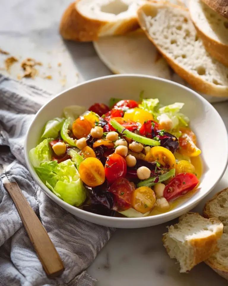 Heirloom tomato salad with endive and olive bagna cauda served in a rustic bowl