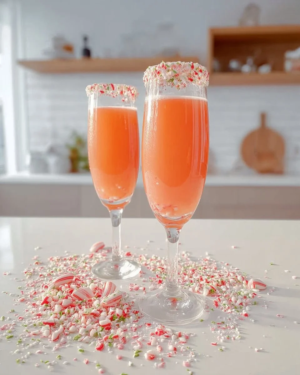 Glass of Candy Cane Prosecco with red and white striped candy cane garnish