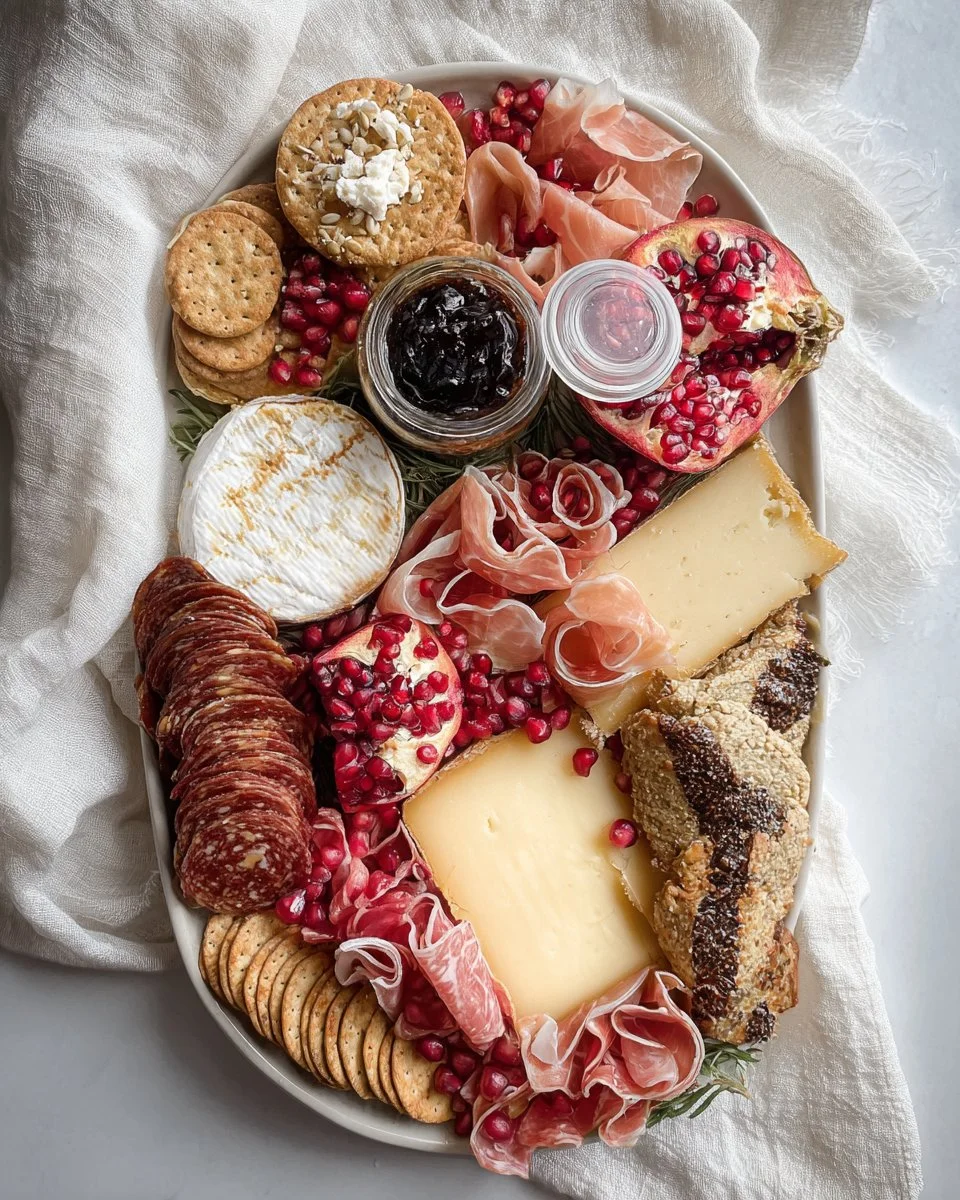 Festive holiday charcuterie board featuring meats, cheeses, and seasonal fruits.