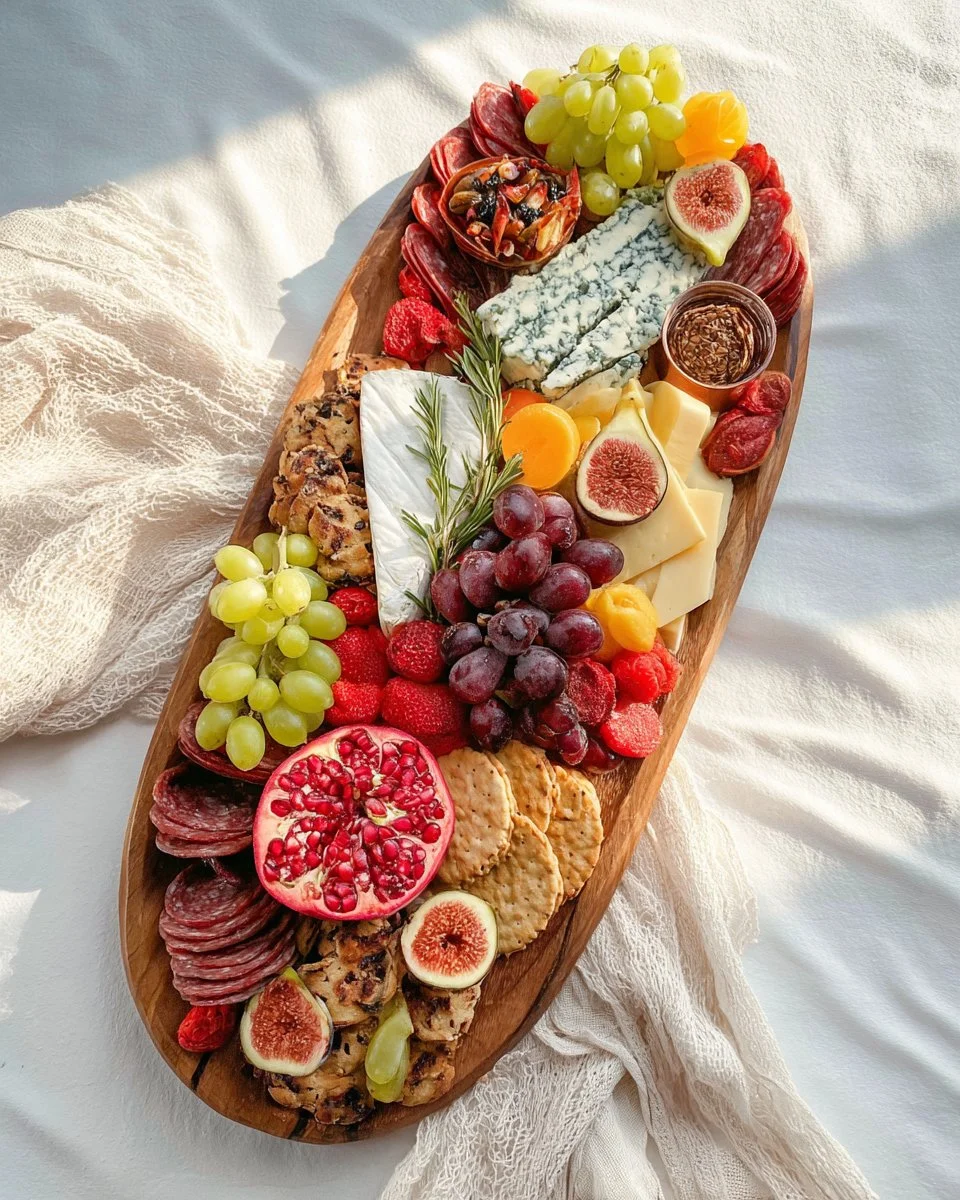 Festive holiday cheese board with various cheeses and accompaniments