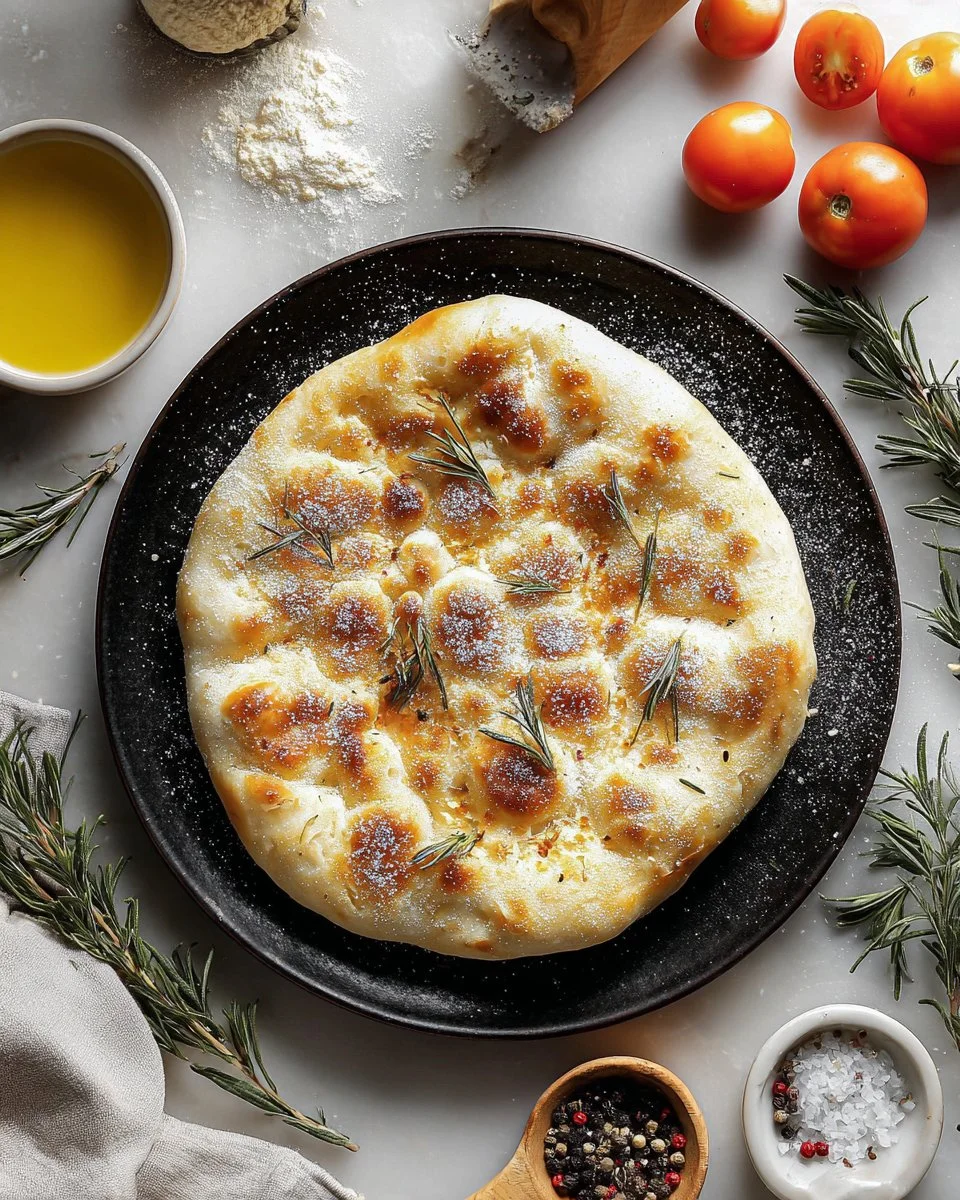 Freshly baked homemade focaccia bread topped with herbs and olive oil