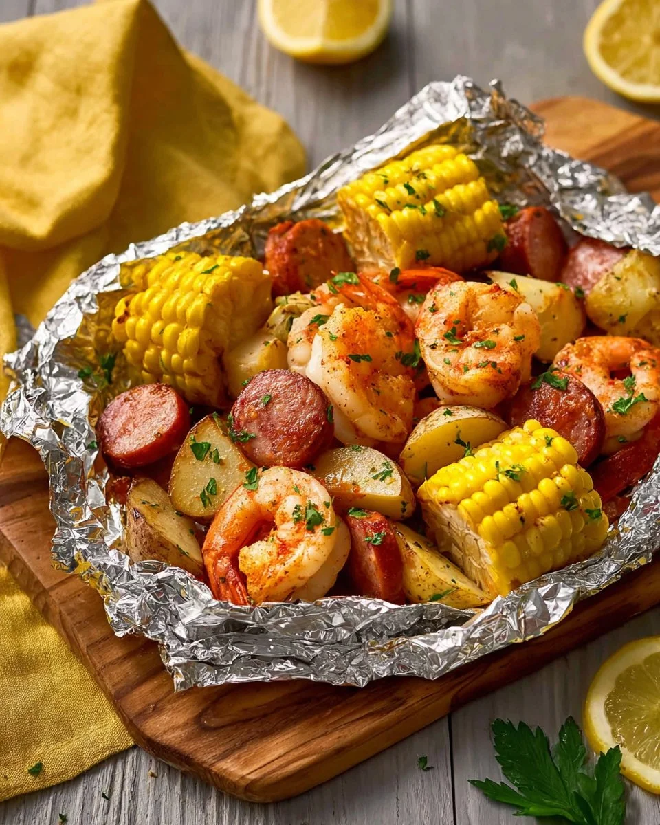 Delicious homemade shrimp foil packets cooked in the oven with vegetables.