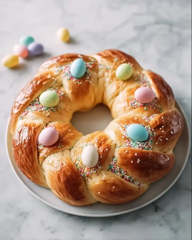 Deliciously braided Italian Easter Bread decorated with colorful eggs.