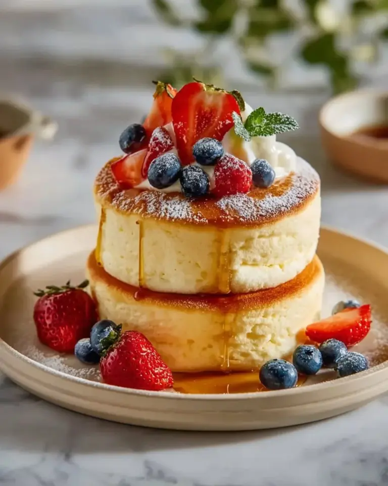 Fluffy Japanese Souffle Pancakes served with syrup and fruits.