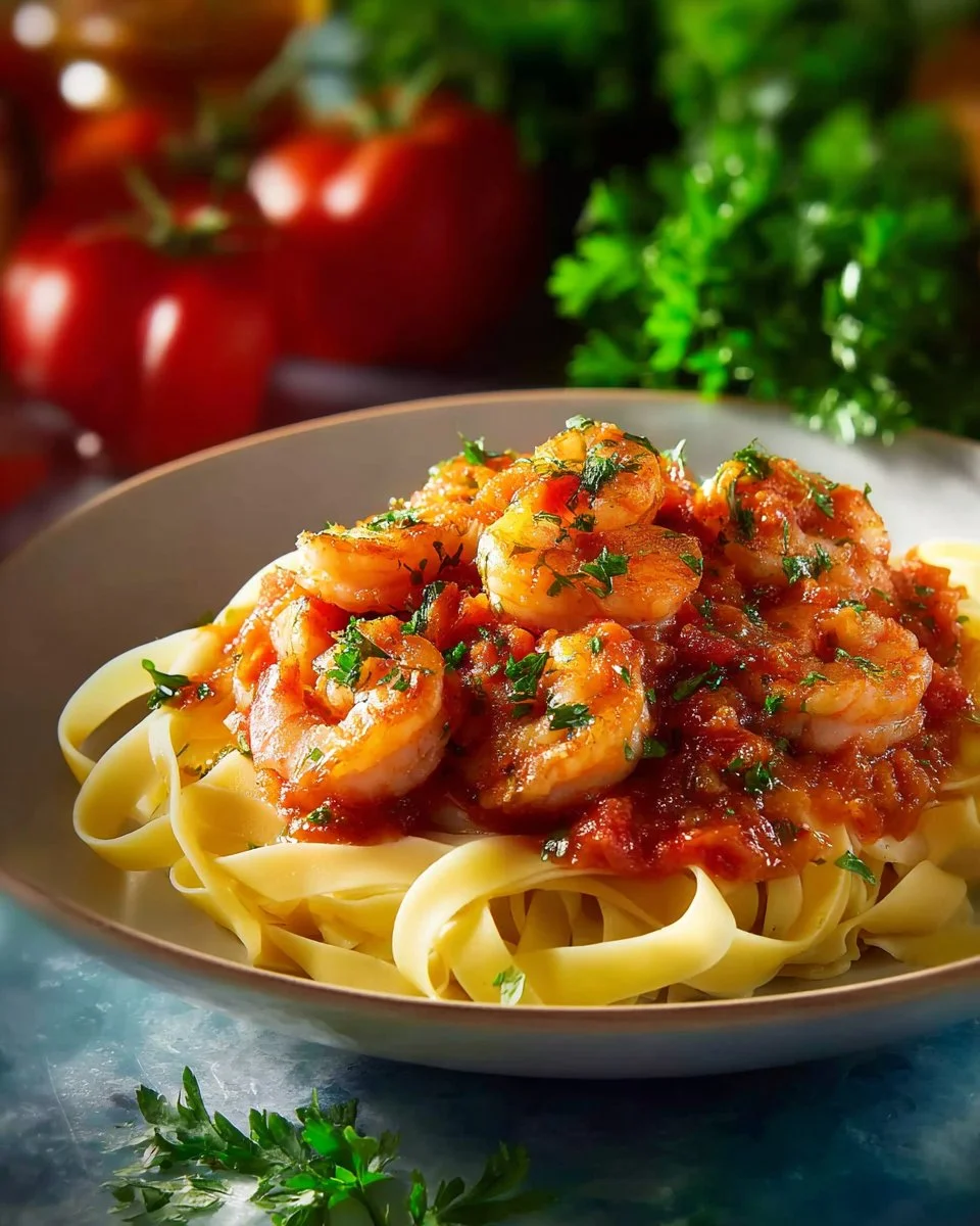 Plate of Juicy Shrimp Fra Diavolo with pasta and spices