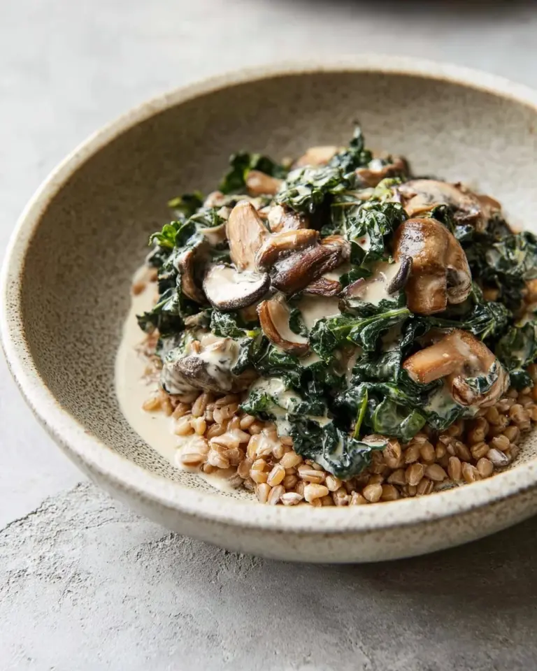 Delicious Kale Mushroom Gratin baked with creamy cheese and topped with breadcrumbs.