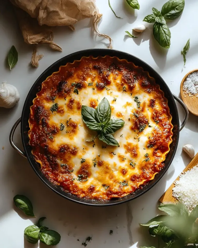 A bowl of hearty lasagna soup topped with cheese and herbs