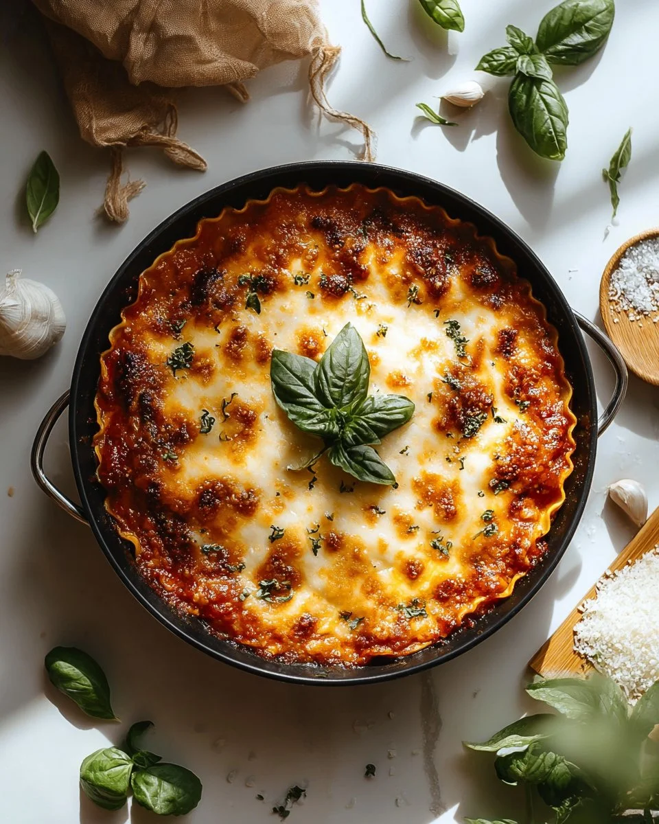 A bowl of hearty lasagna soup topped with cheese and herbs
