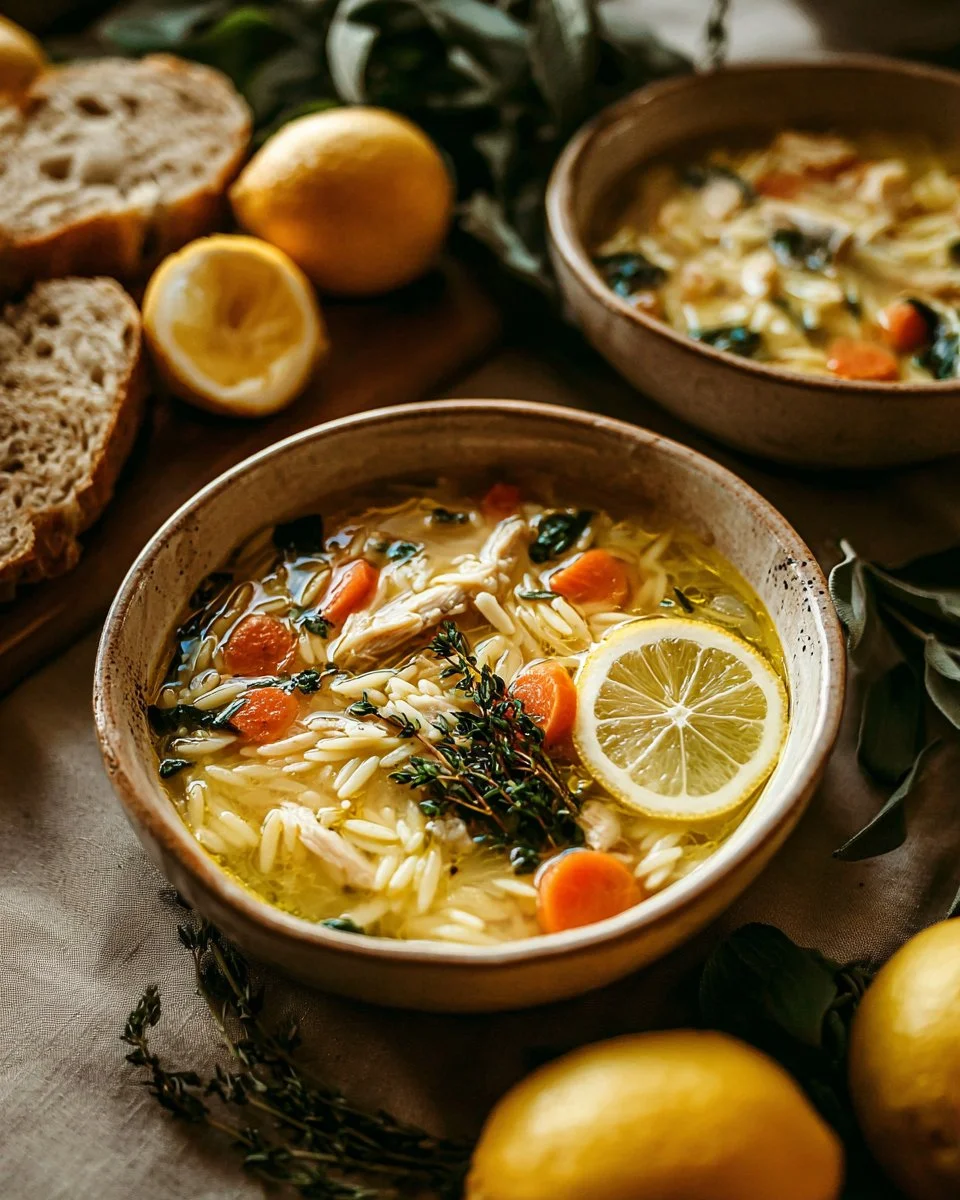 Bowl of Lemon Chicken Orzo Soup with fresh herbs and lemon slices