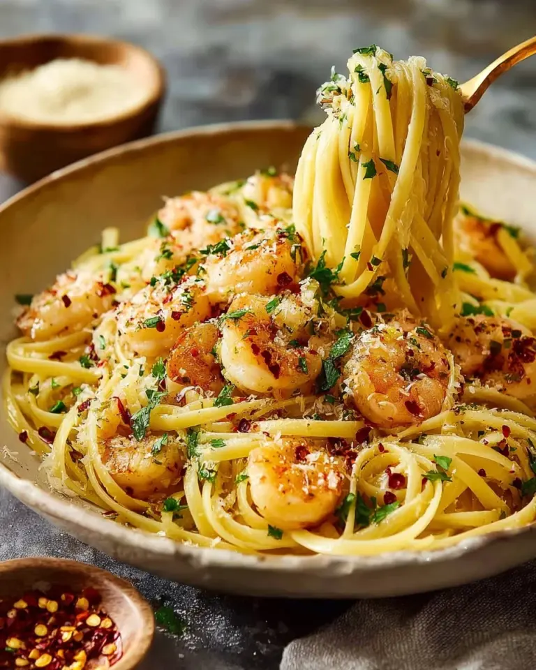 Lemony shrimp pasta dish with garlic and oil garnished with herbs