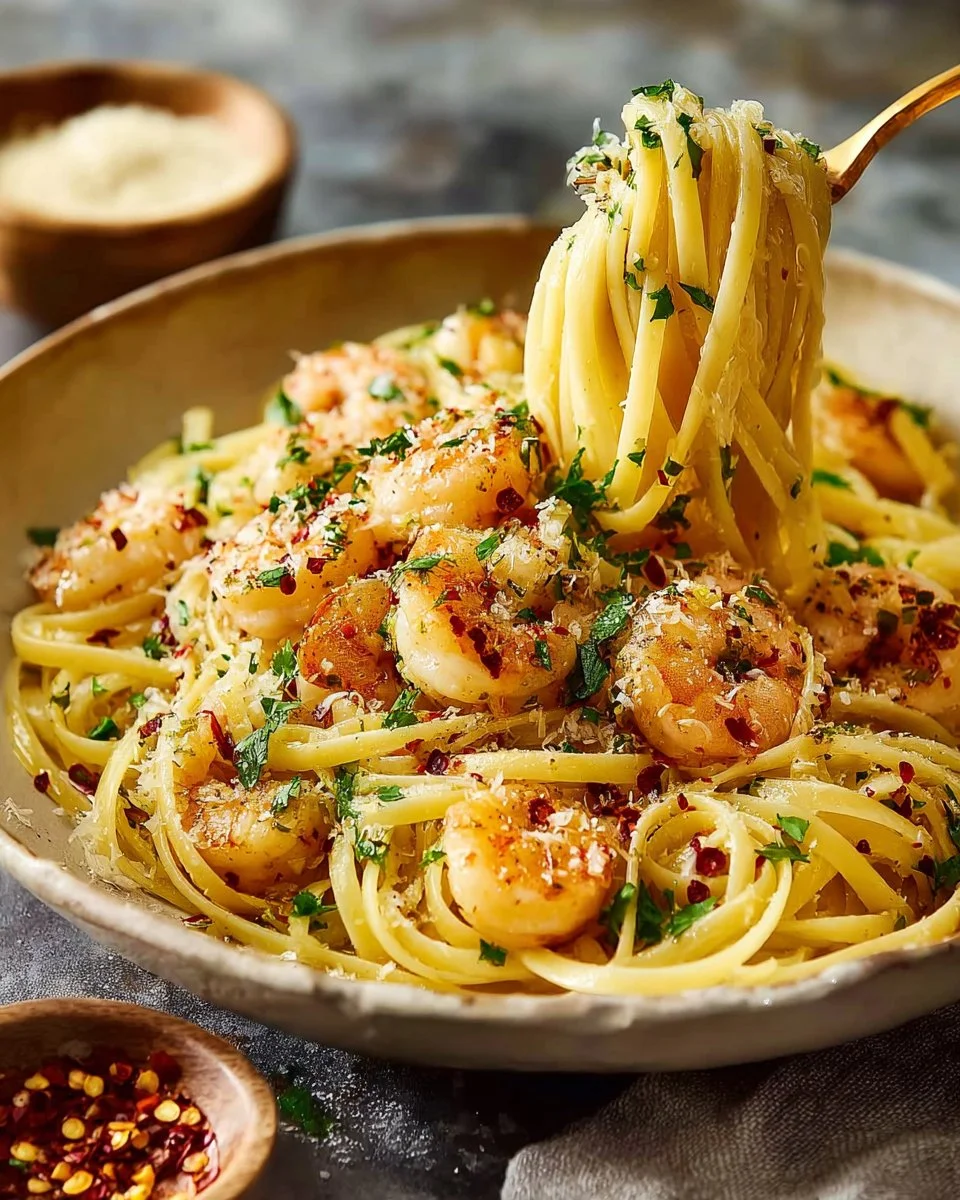 Lemony shrimp pasta dish with garlic and oil garnished with herbs