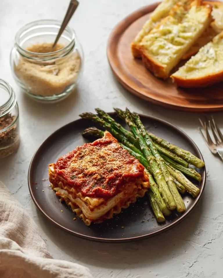 Delicious lentil lasagna layered with fresh asparagus on a plate.