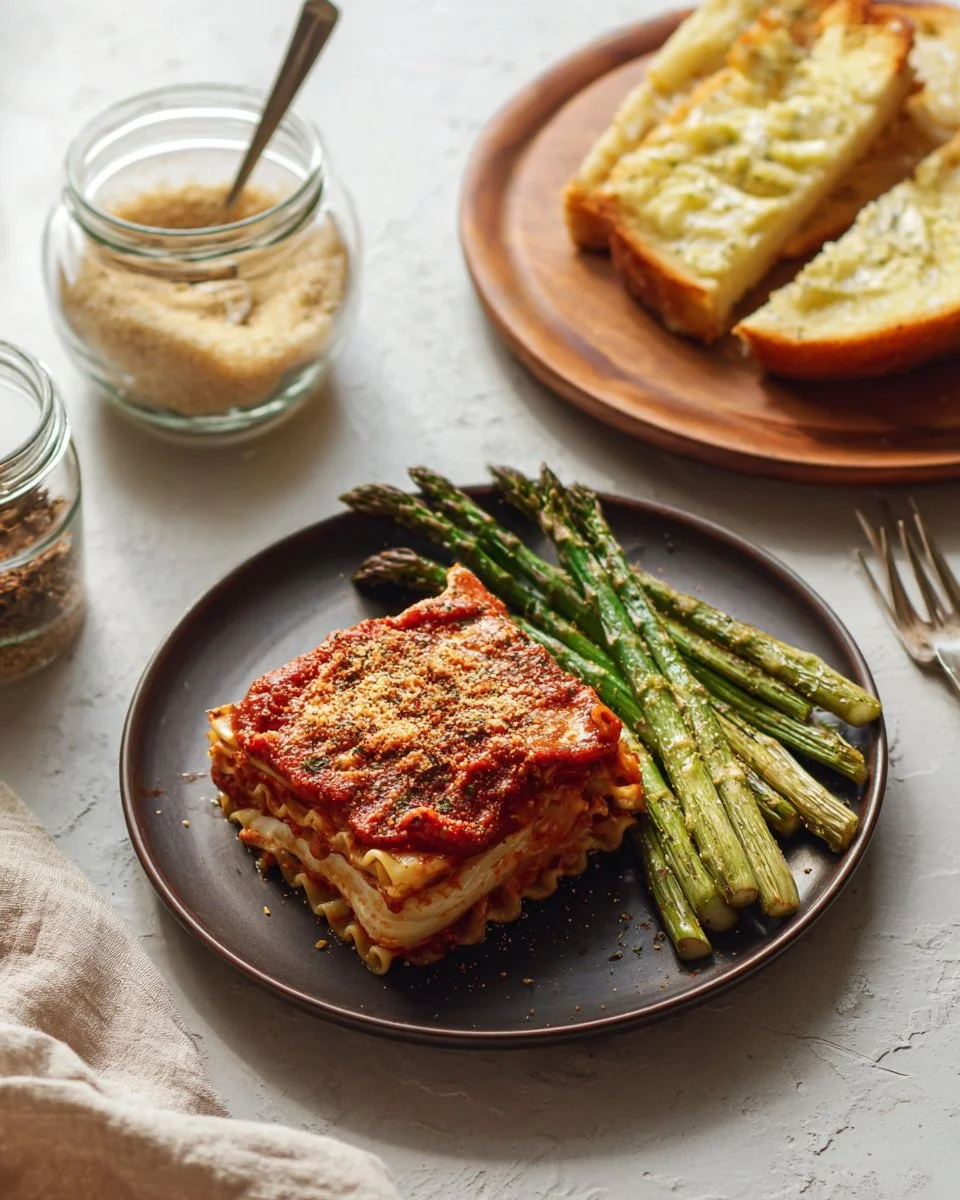 Delicious lentil lasagna layered with fresh asparagus on a plate.